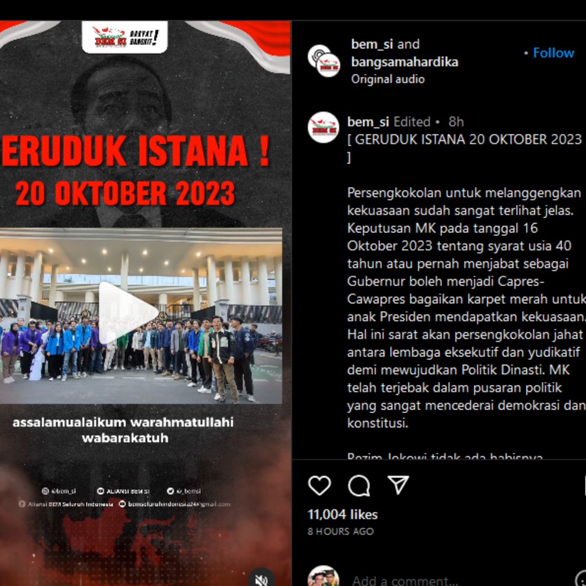 Unggahan Instagram BEM SI soal rencana geruduk Istana pada 20 Oktober 2023.