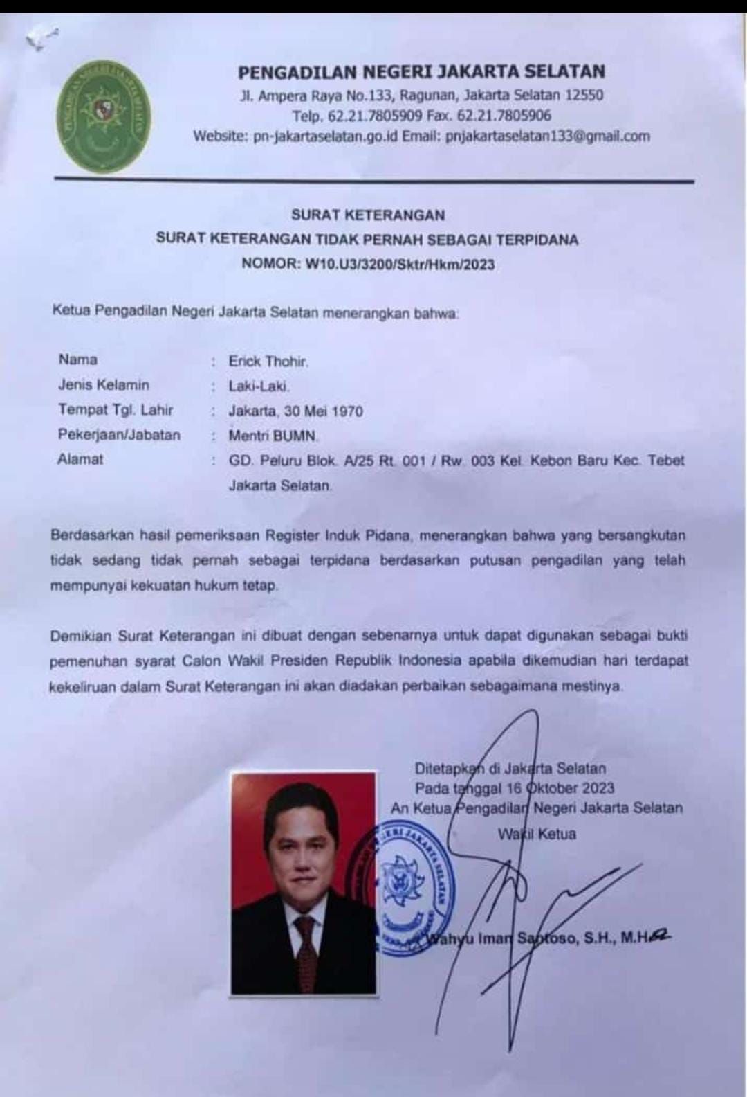 Surat tidak pernah jadi terpidana dikeluarkan PN Jakarta Selatan sebagai syarat Erick Thohir jadi Cawapres.