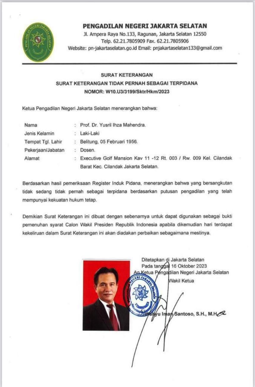 Surat keterangan yang tidak pernah dipindana ke Pengadilan Negeri Jakarta Selatan (PN Jaksel) untuk Yusril Ihza Mahendra.*