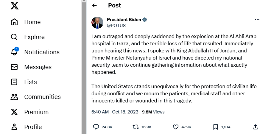 Cuitan Biden di  X terkait penegboman rumh sakit di Gaza