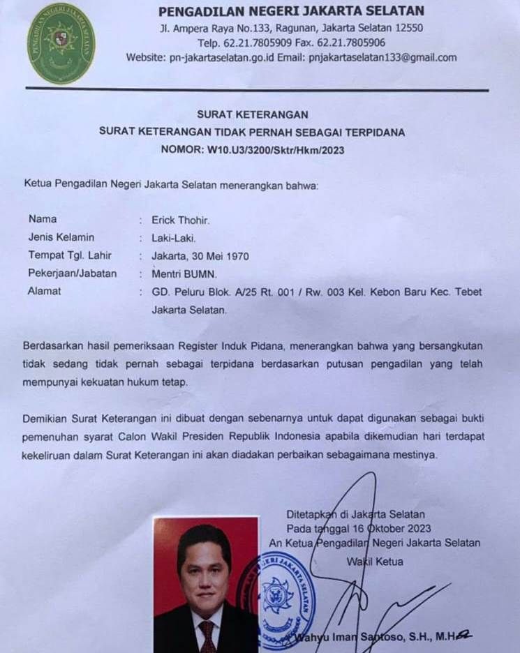 Surat Keterangan yang dikeluarkan oleh PN Jakarta Selatan, Ragunan, Jakarta Selatan sebagai salah satu syarat Erick Thohir mendaftar sebagai cawapres RI