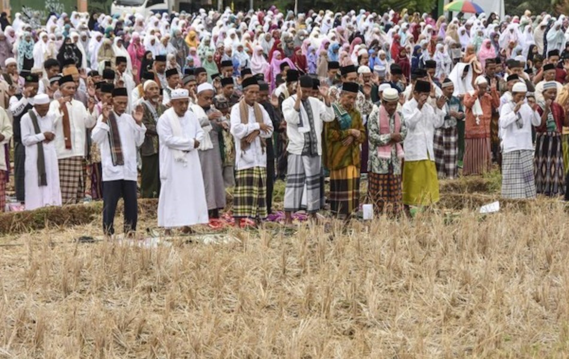 Umat Islam melaksanakan shalat Istisqa di sawah yang kering Desa Pawindan, Kabupaten Ciamis, Jawa Barat, Rabu (18/10/2023).