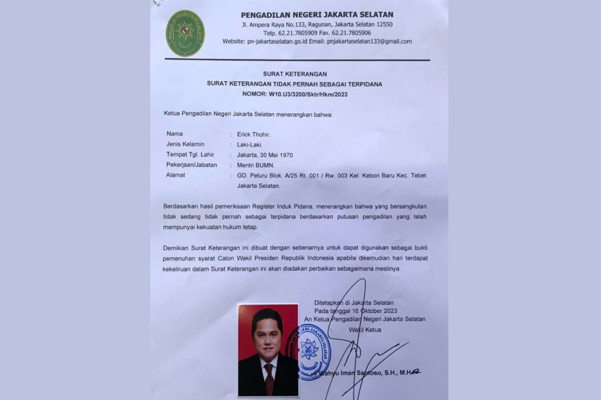Pengadilan Negeri (PN) Jakarta Selatan menerbitkan Surat Keterangan Tidak Pernah Sebagai Terpidana, atas nama Erick Thohir.