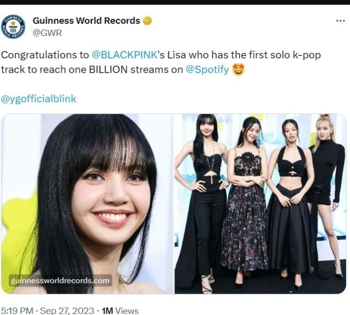 Lisa BLACKPINK Masuk Guiness World Records, Jadi Solois K-Pop Pertama Lampaui 1 Miliar Streaming Spotify
