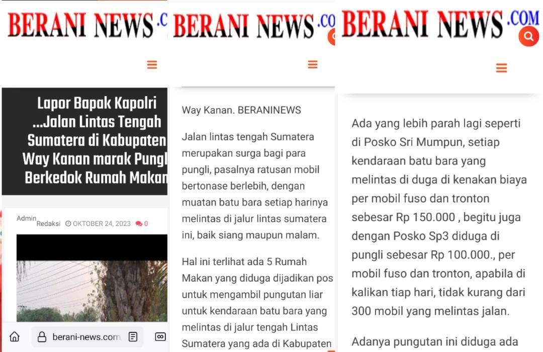 Tangkapan layar dan kolase berita yang diduga menjadi pemicu ketua SMSI Way Kanan Lampung Diserang