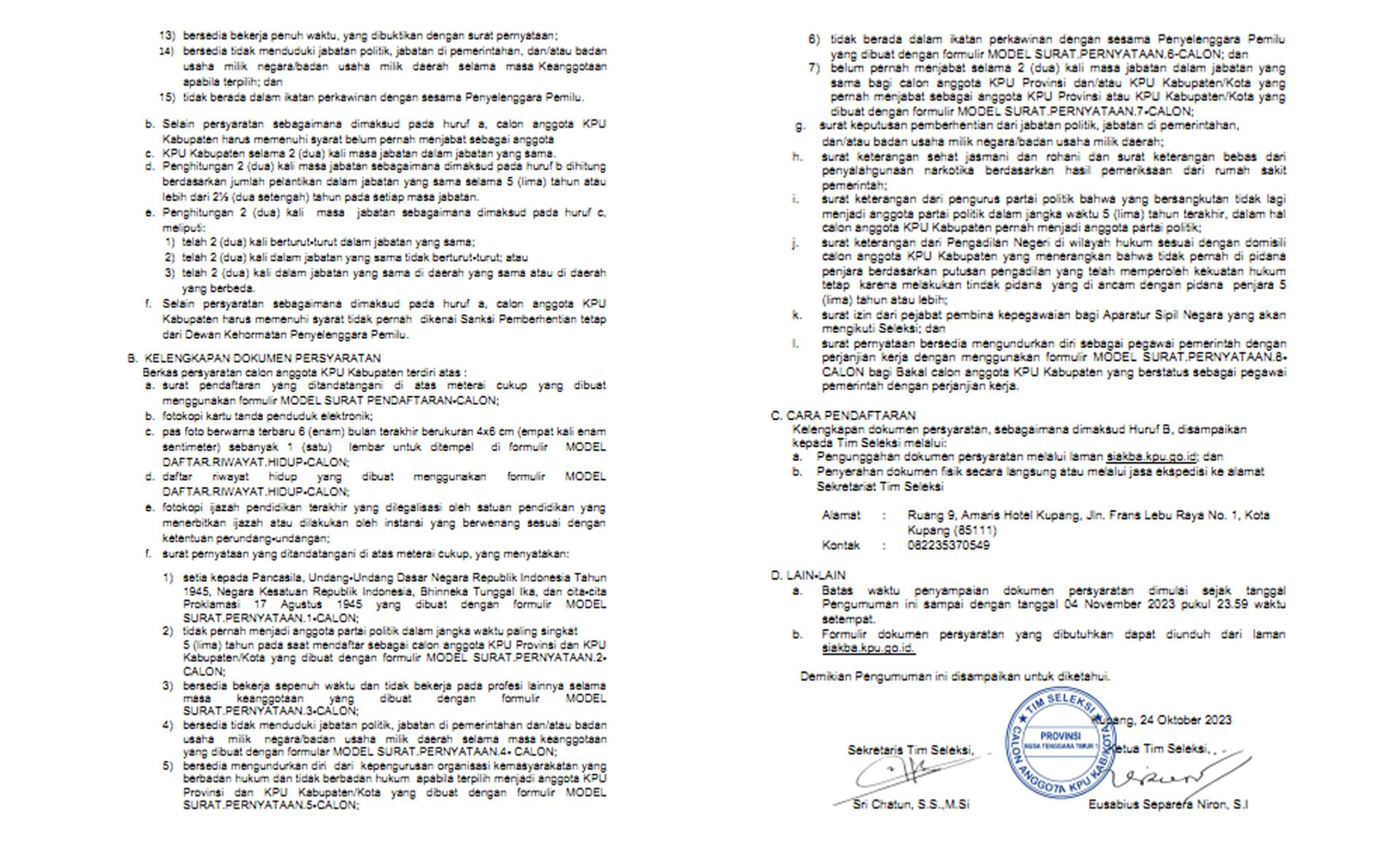 Surat terkait pendaftaran calon anggota KPU di empat kabupaten di NTT.//
