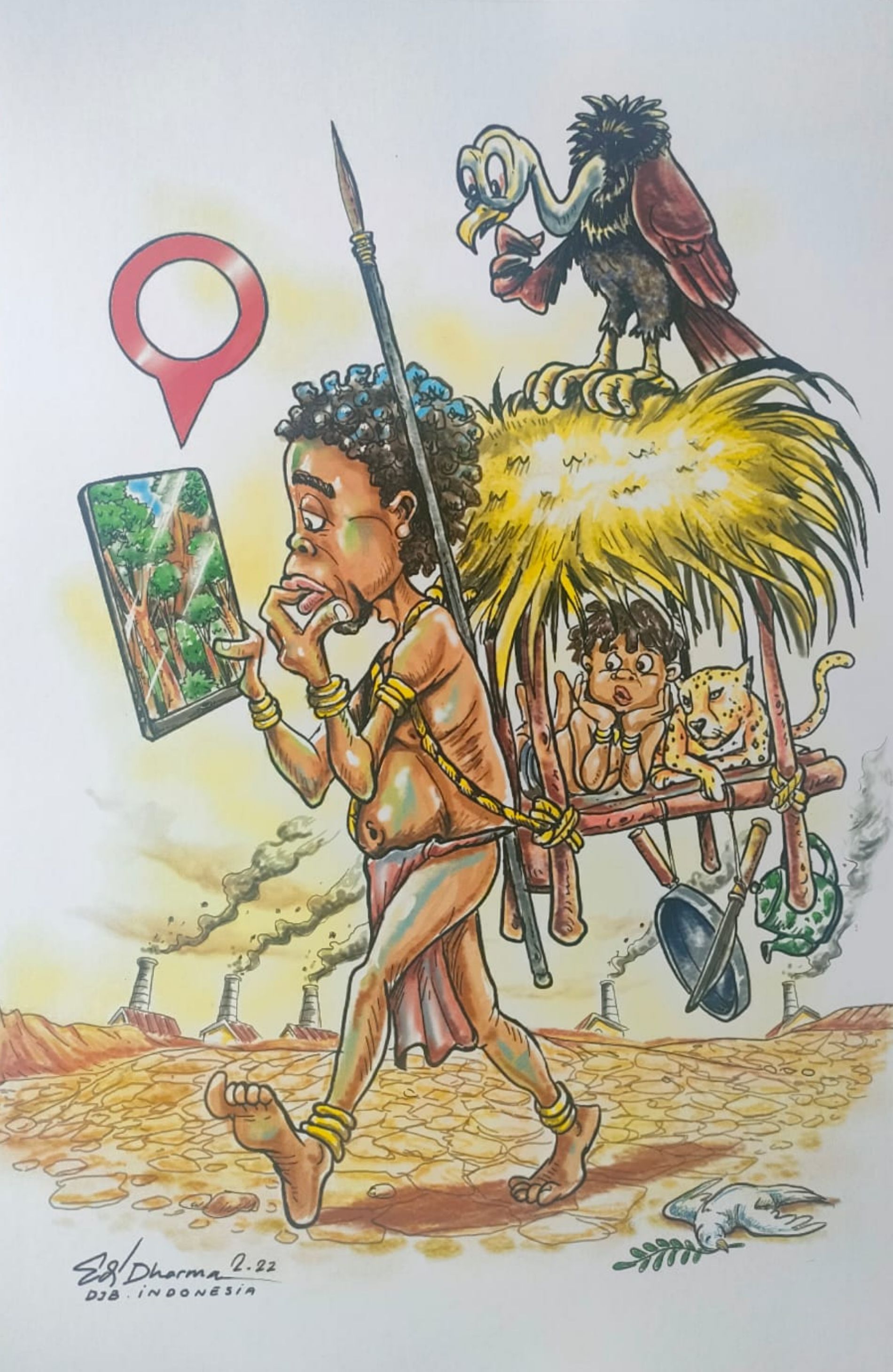Salah satu karya karikatur Edi Dharma bertema Suku Anak Dalam yang diserahkan kepada Yayasan ORIK 