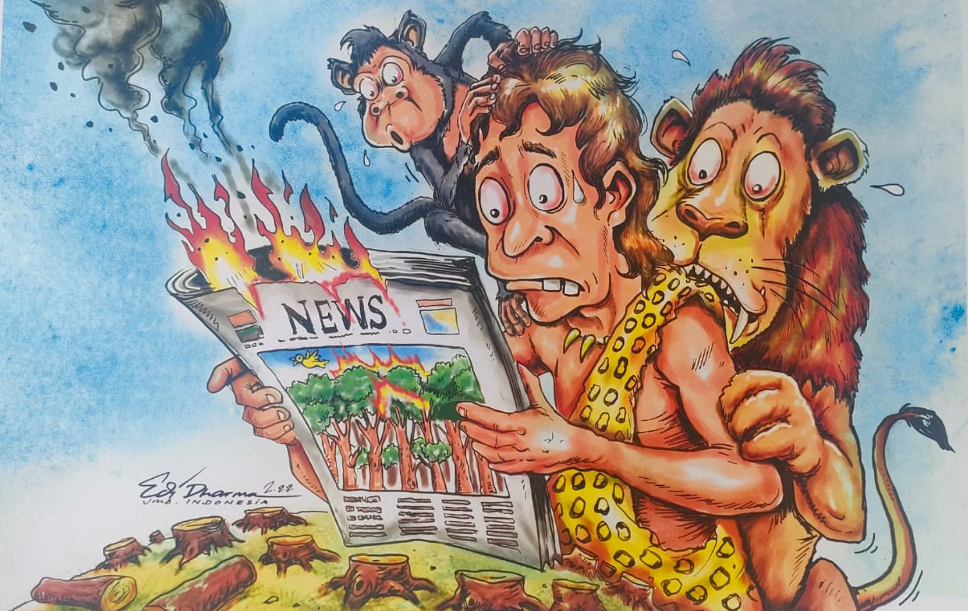 Karikatur tentang kebakaran hutan dan lahan atau Karhutla yang diserahkan Kartunis Jambi kepada Yayasan ORIK 