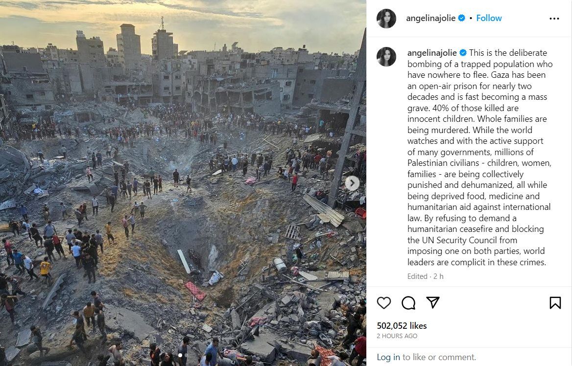 Unggahan Angelina Jolie pada akun Instagramnya terkait pemboman melalui serangan udara yang dilakukan oleg Zionis terhadap warga di Kamp Pengungsian