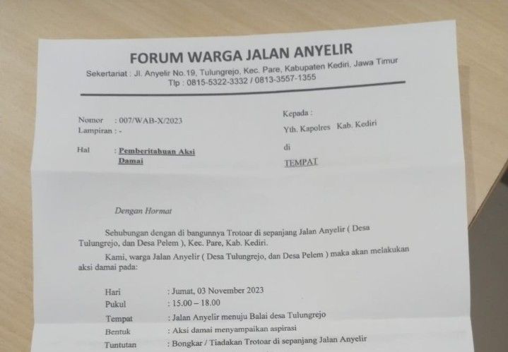 Foto.Surat Pemberitahuan Demo oleh Forum Warga Jalan Anyelir kepada Pihak Polres Kediri