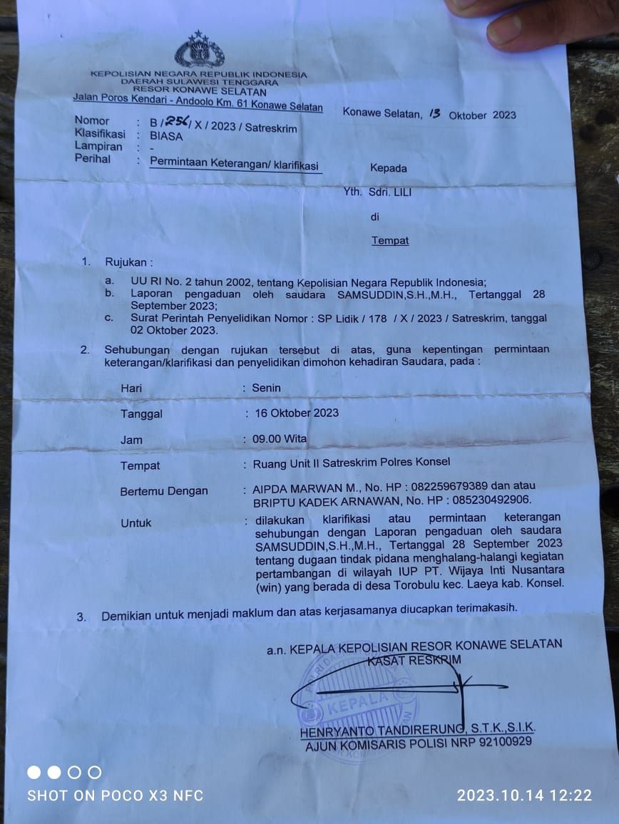 Surat permintaan klarifikasi dari penyidik Polres Konawe Selatan untuk Wa Lili, warga Desa Torobulu yang dilaporkan PT WIN. 