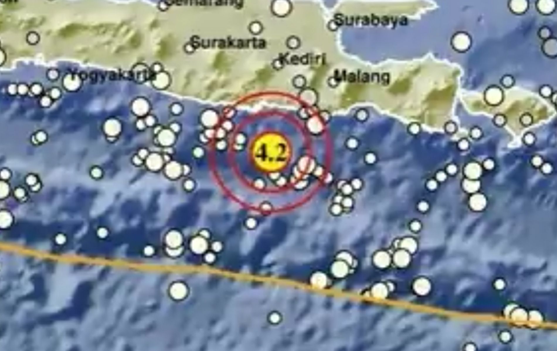 Lokasi gempa bumi terkini yang terjadi hari ini di Kabupaten Blitar, Jawa Timur.