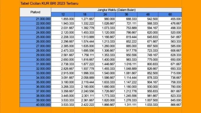 Tabel Cicilan Kredit Usaha Rakyat (KUR) BRI Terbaru Periode November 2023 Rp21 Sampai Rp40 Juta