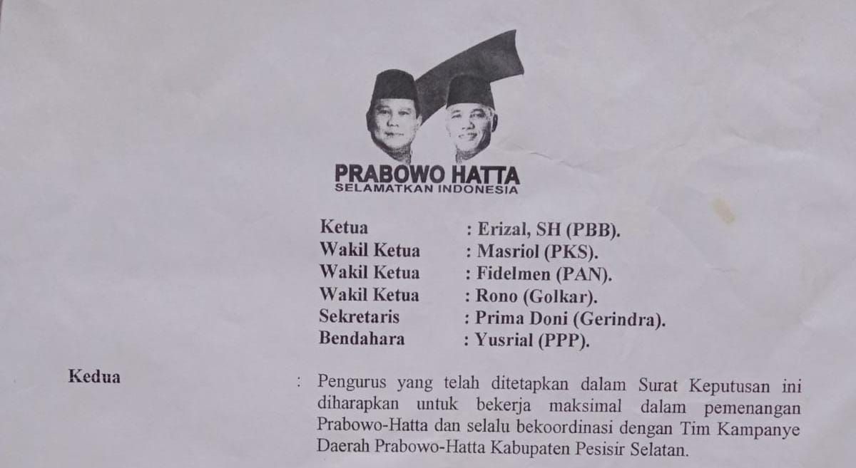 SK penunjukan Prima Doni sebagai Sekretaris Tim Kampanye Daerah Prabowo - Hatta pada Pilpres 2014 tingkat Kecamatan Koto XI Tarusan / marawatalk / Didi Someldi Putra / istimewa