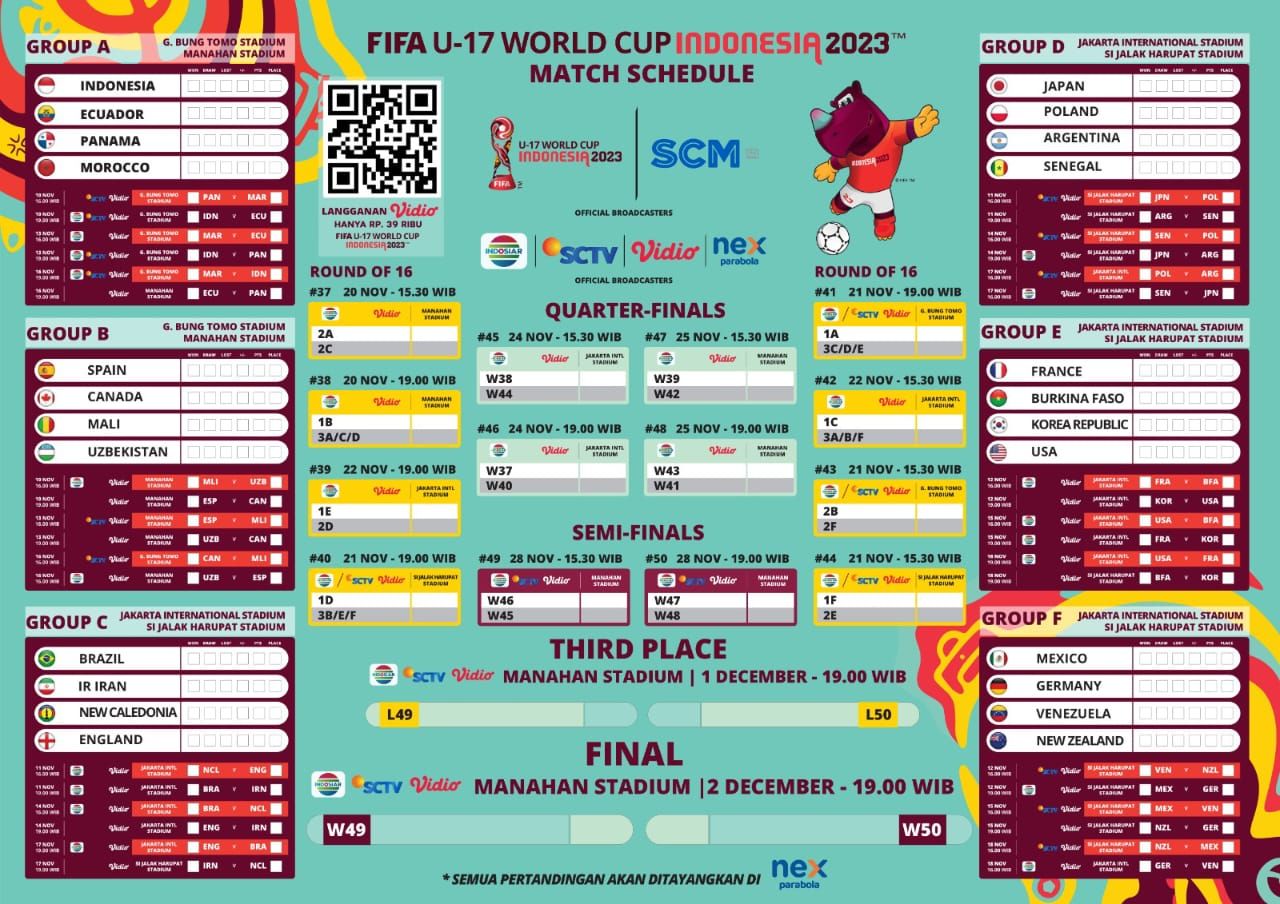 Jadwal lengkap pertandingan-pertandingan di Piala Dunia U17 Indonesia 2023.