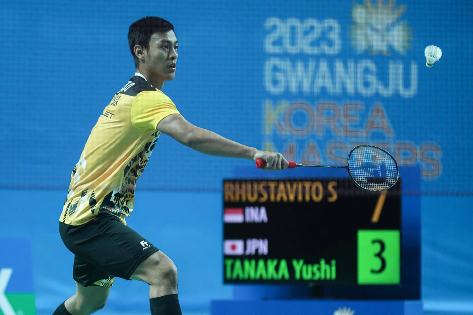 Shesar Hiren Rustavito pada pertandingan pertama Korea Masters 2023.