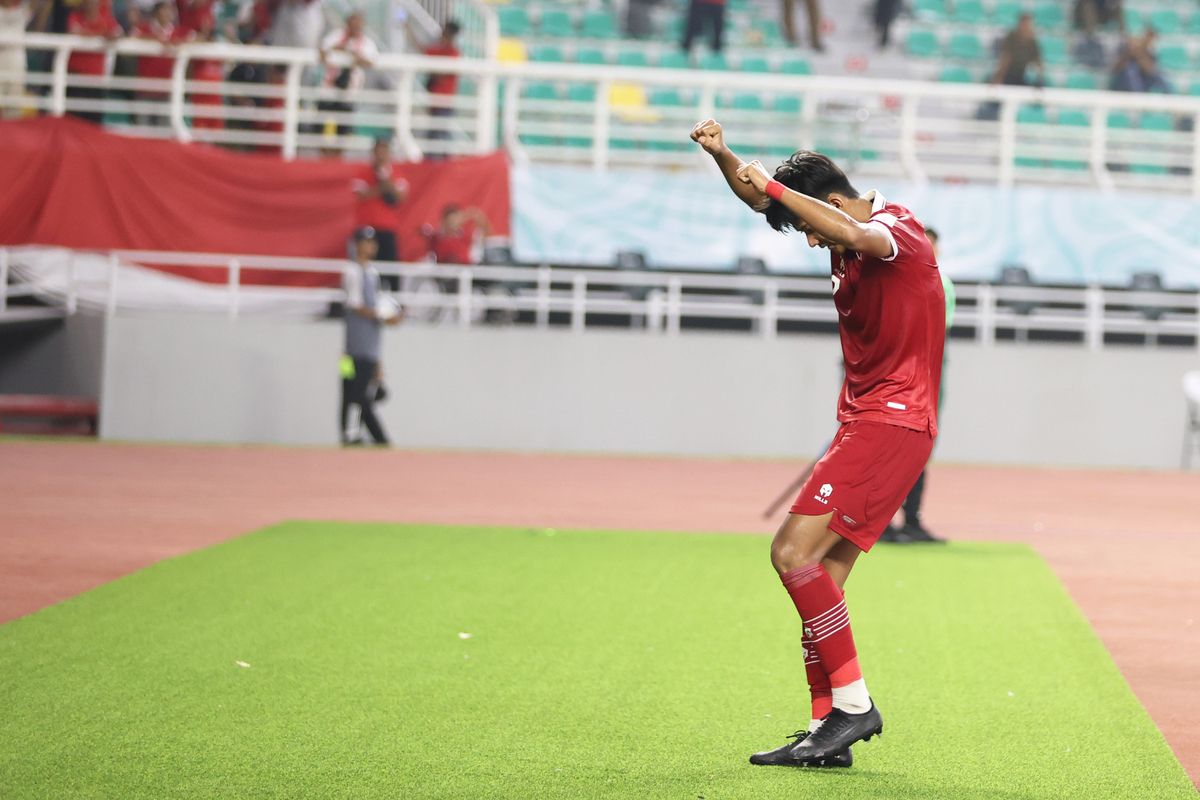 Selebrasi Arkhan Kaka usai mempersembahkan gol perdana Timnas Indonesia di Piala Dunia U 17