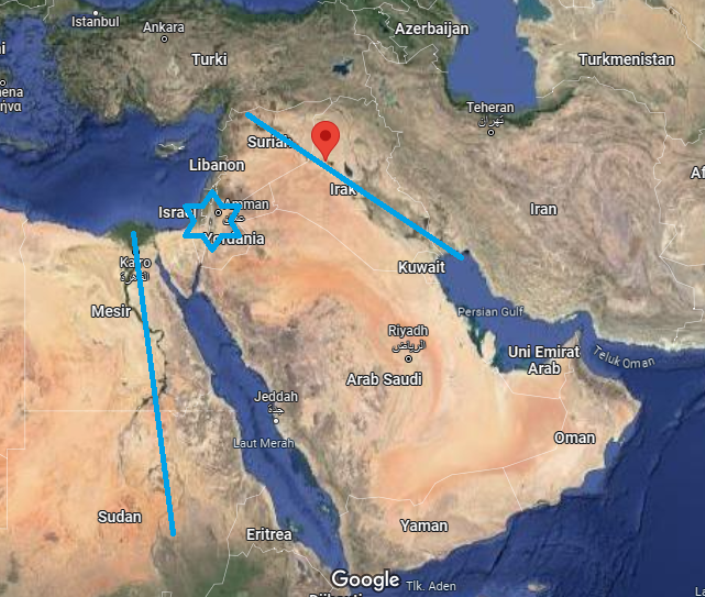 Tangkpan layar Googe maps untuk Ilustrasi garis biru di sebeah kanan adalah sungai efrat di Irak, bintang david di pendudukan Israel saat ini, garis biru di sisi kiri merupakan sungai Nil di Mesir