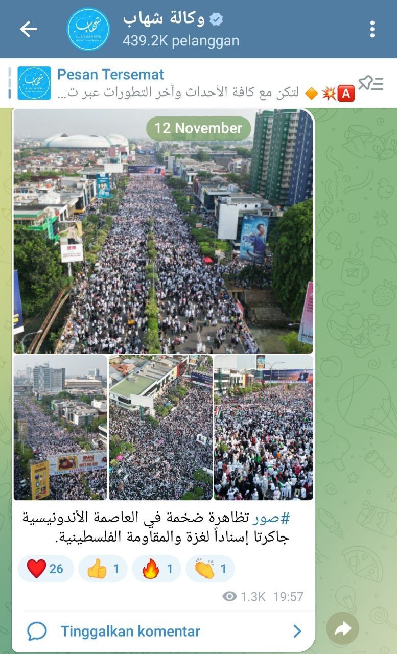 Telegram Syihab News, media lokal Palestina, soroti Aksi Bela Palestina di Bekasi.