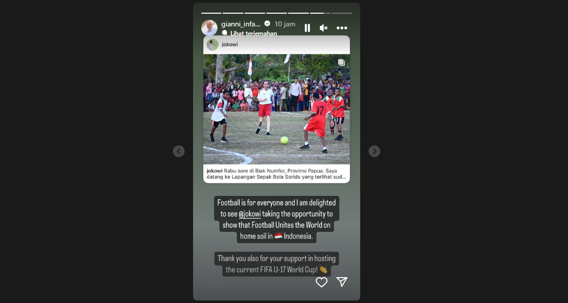 Instagram Story Presiden FIFA Gianni Infantino.