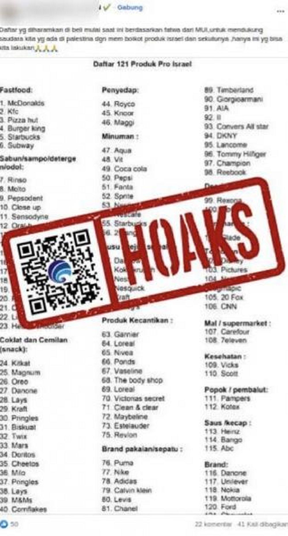 Hoaks Daftar 121 Produk Pro Israel/ Kominfo