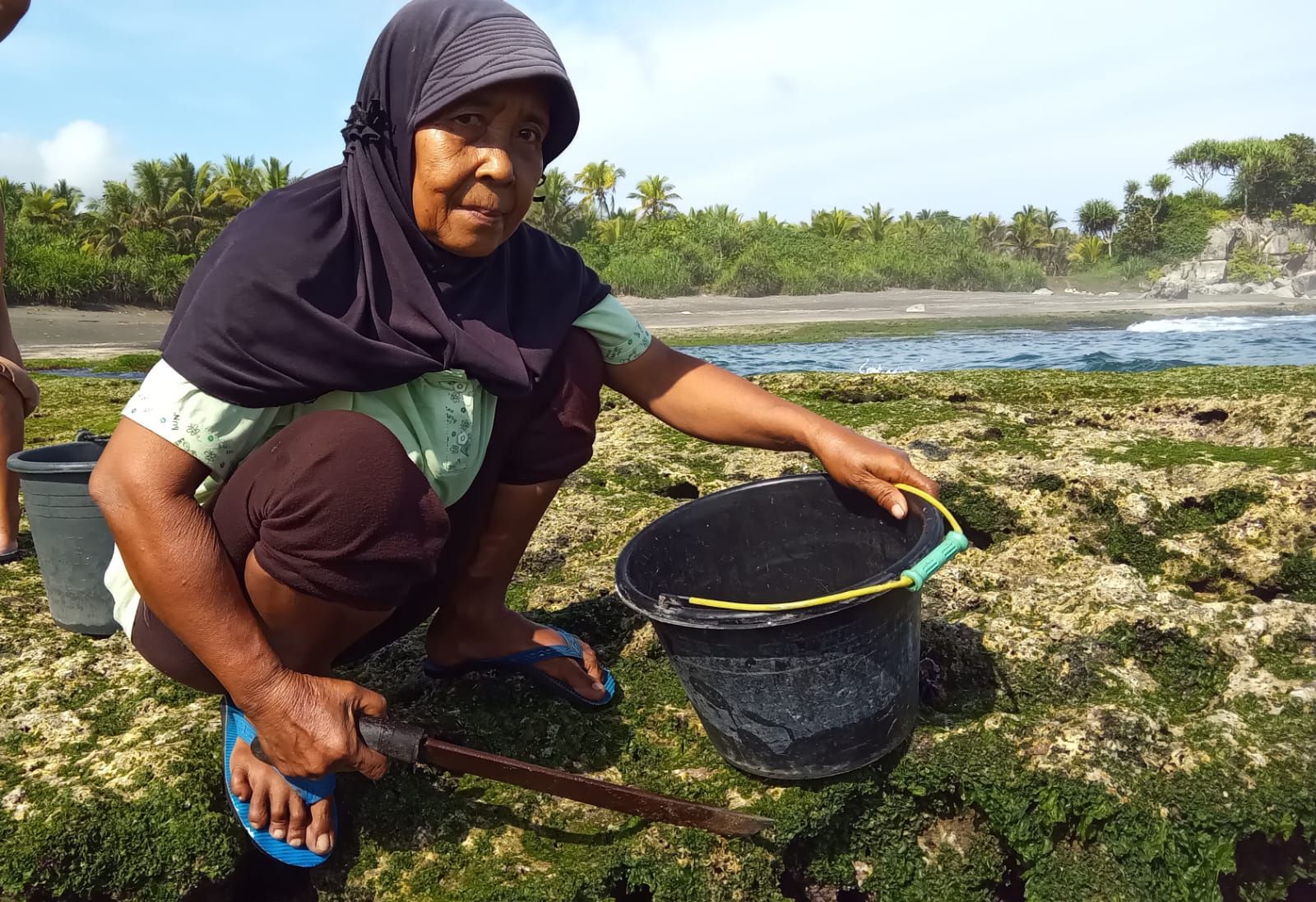 Neneng, warga Dusun Cidadap, Desa Legokjawa, Kecamatan Cimerak, Kabupaten Pangandaran, sedang mencari kerang di laut Legokjawa, Minggu 26 November 2023.*/Kabar Priangan/Kiki Masduki