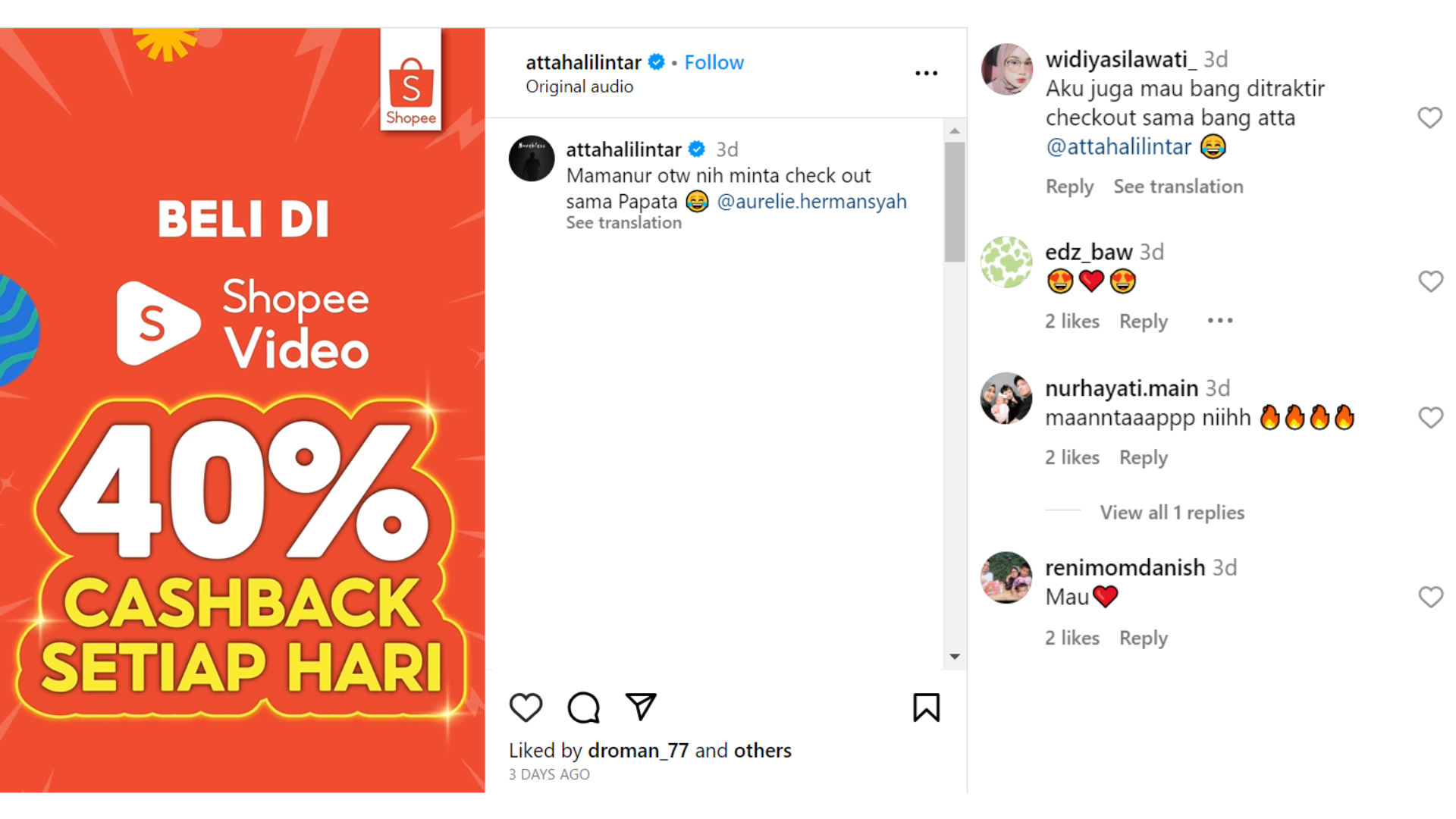 Postingan dan komentar di Instagram Atta Halilintar.