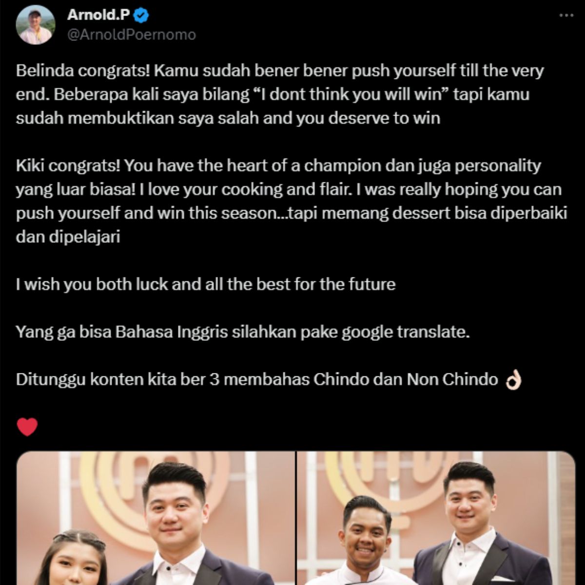 Chef Arnold Akhirnya Muncul di Tengah Kisruh, Beri Pujian ke Kiki dan Belinda  MasterChef Indonesia Season 11