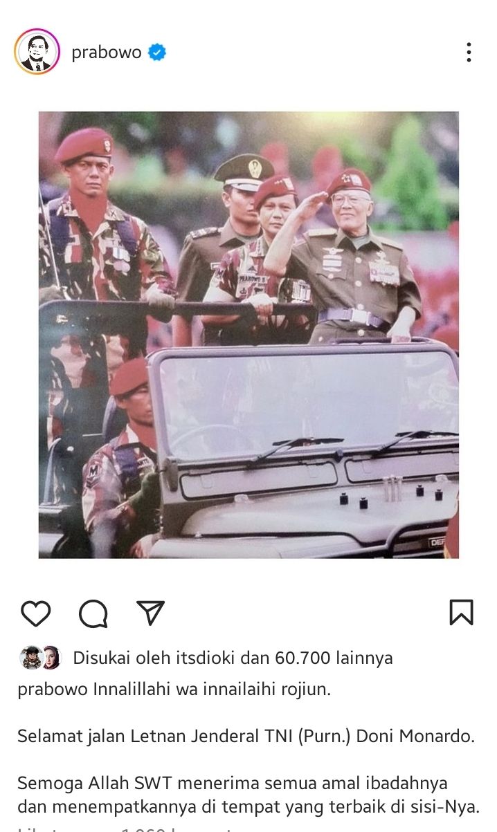 Prabowo Subianto mengucapkan bela sungkawa atas meninggalnya Letnan Jenderal TNI Purn Doni Monardo 
