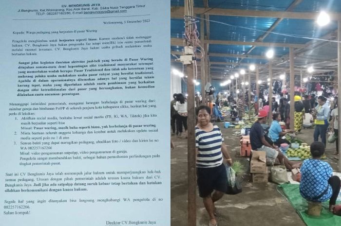 Surat imbauan CV Bengkunis Jaya selaku pengelola (kiri) dan aktivitas di Pasar Wuring.//