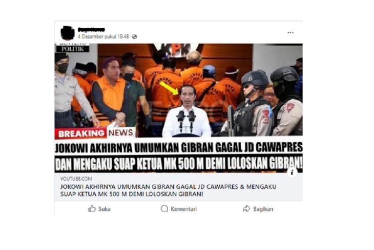 Foto konten hoaks yang menyebutkan Jokowi sudah mengakui beri uang Rp500 miliar kepada MK untuk muluskan jalan Gibran Rakabuming Raka sebagai calon wakil presiden di Pilpres 2024 