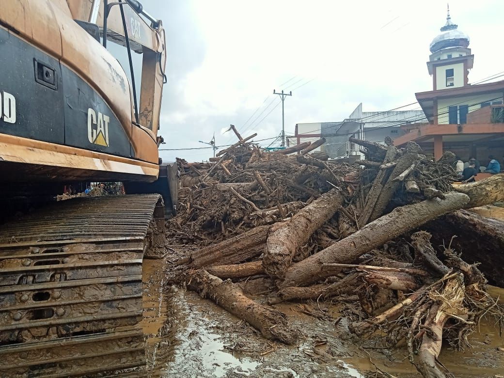 Kayu glondongan yang diduga bekas penebangan aktivitas Illegal Loging di hulu Sungai