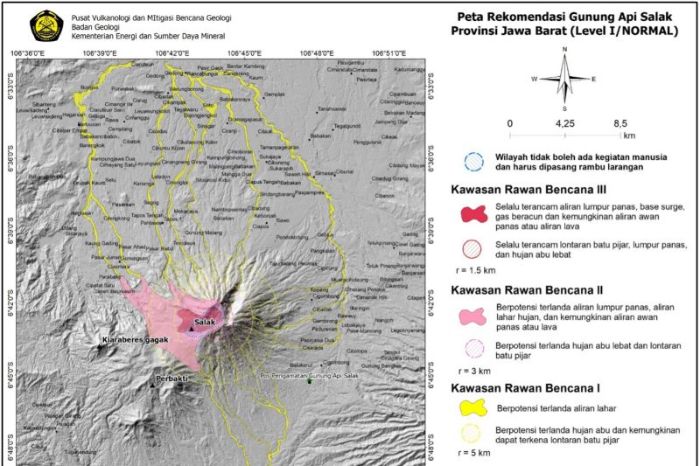 Peta kawasan rawan bencana di Gunung Salak yang berlokasi di Kabupaten Sukabumi dan Kabupaten Bogor, Provinsi Jawa Barat