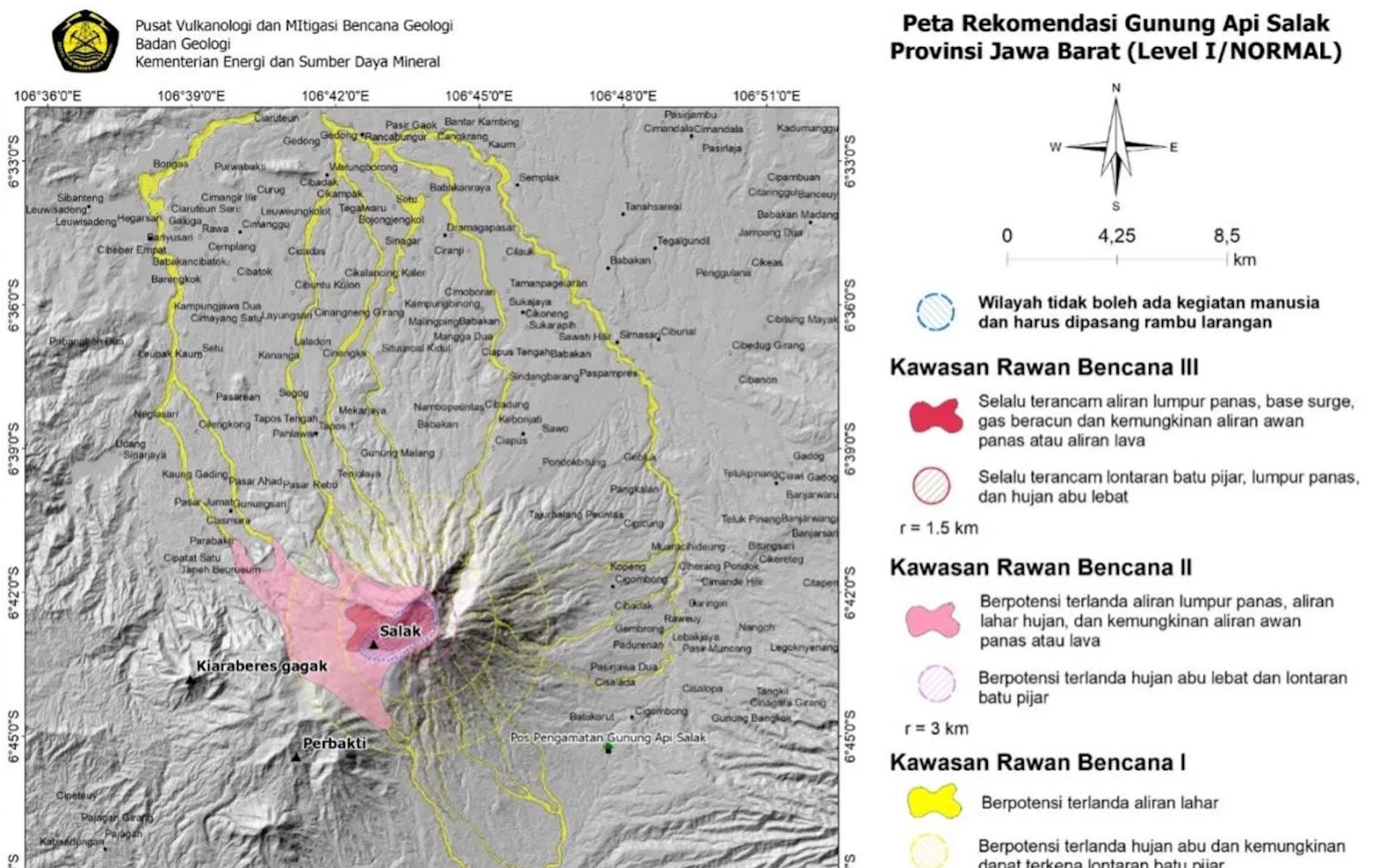 Peta kawasan rawan bencana di Gunung Salak yang berlokasi di Kabupaten Sukabumi dan Kabupaten Bogor, Provinsi Jawa Barat.