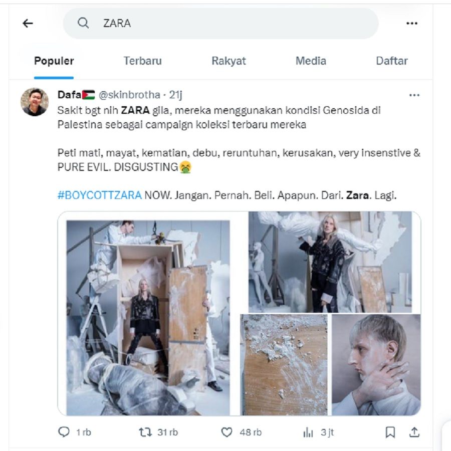 Postingan Konten Bertema Aksi Genosida Penjajah Israel di Palestina Sulut Seruan Boikot Zara di Sosial Media 