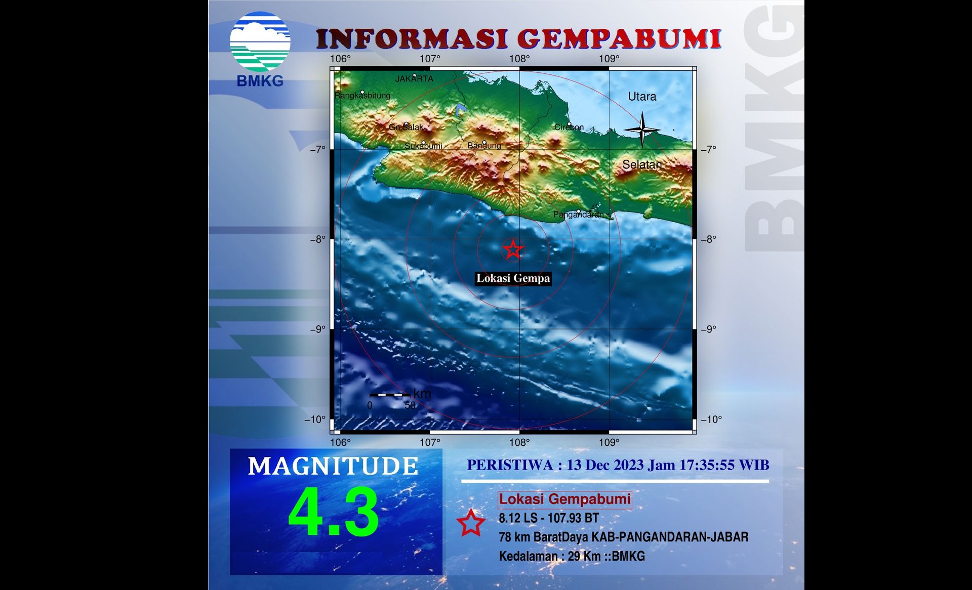 Informasi gempa terkini di Pangandaran hari ini Rabu, 13 Desember 2023.