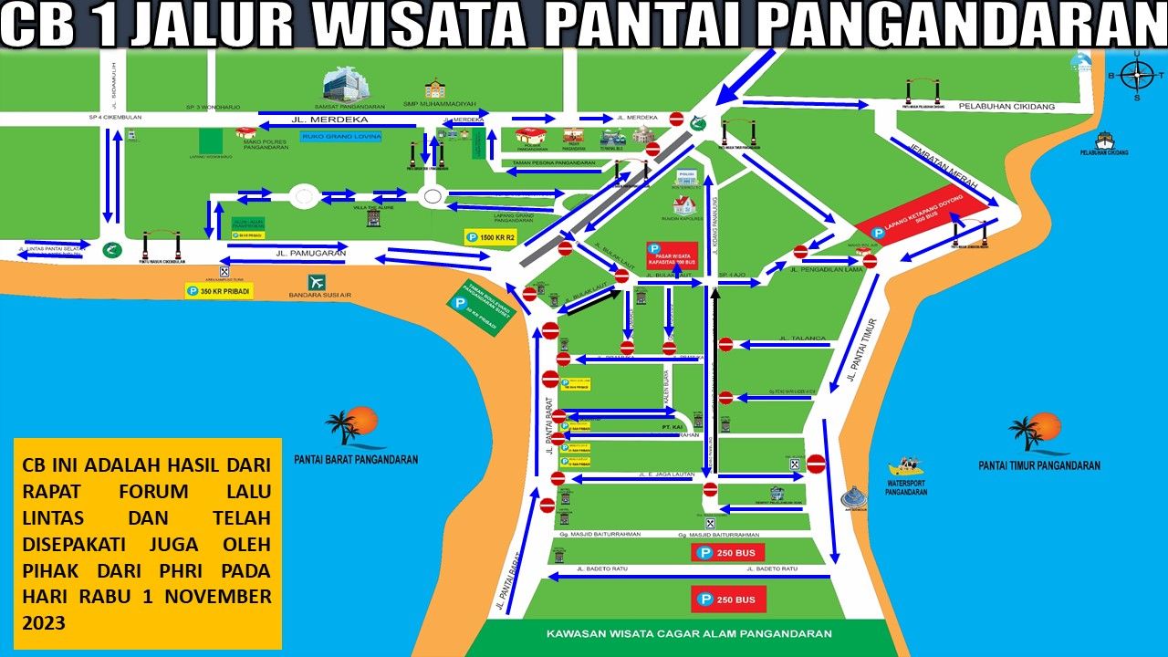 Peta rekayasa jalur lalu lintas Nataru 2024 di kawasan objek wisata Pantai Pangandaran.