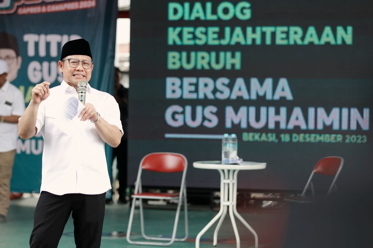 Muhaimin Iskandar (Cak Imin) dalam acara dialog Kesejahteraan Buruh Bersama Gus Muhaimin, Bekasi, 18 Desember 2023. 