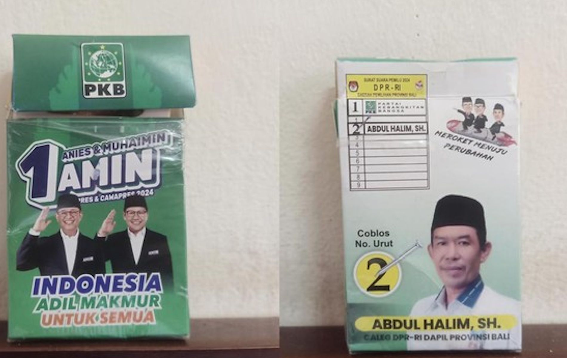 Rokok bergambar capres dan cawapres nomor urut 1 Anies Baswedan-Muhaimin Iskandar (AMIN). Di belakang bungkus rokok terdapat foto calon legislatif (caleg) DPR RI beredar di Jembrana, Bali. 