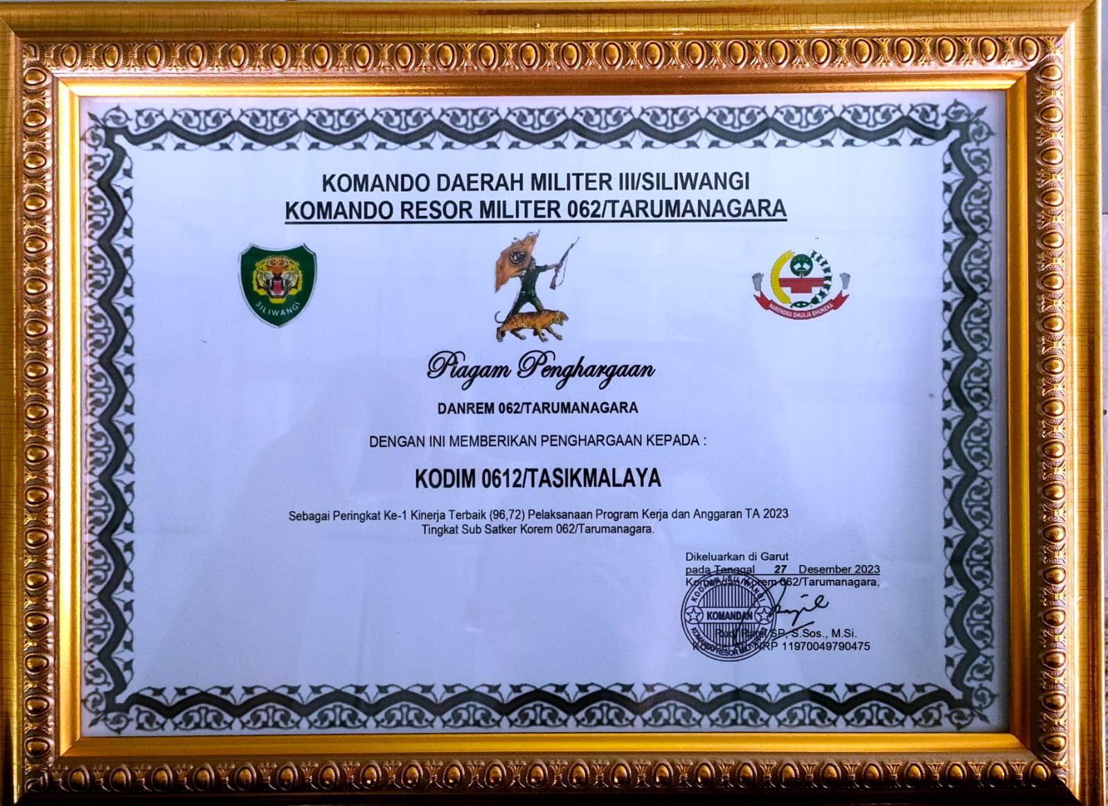 Penghargaan peringkat pertama Kodim 0612 Tasikmalaya dari Korem 062 Tarumanagara
