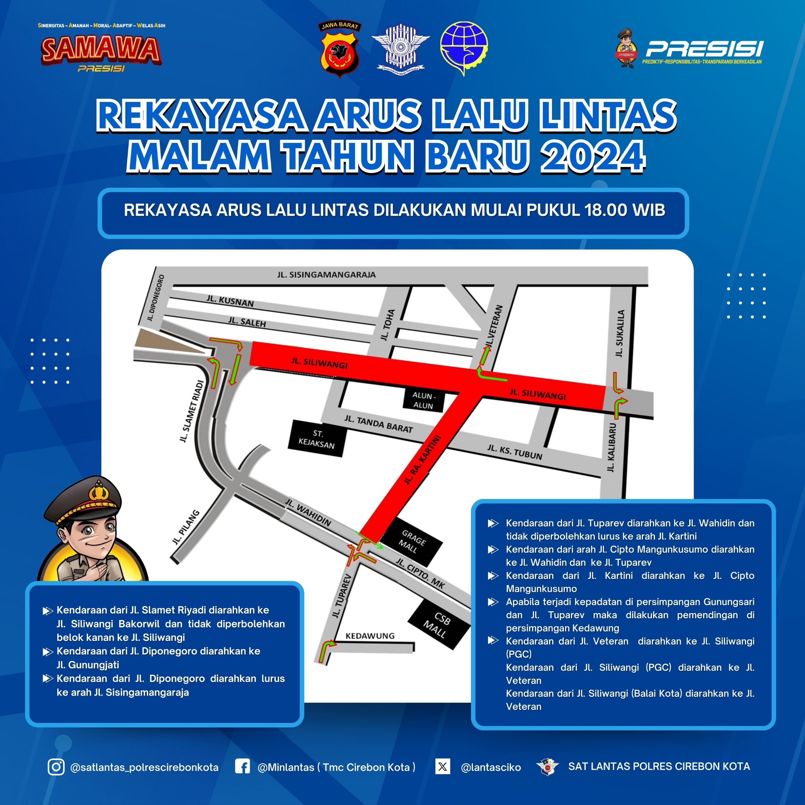 Rekayasa arus lalu lintas malam tahun baru 2024 di Kota Cirebon.*