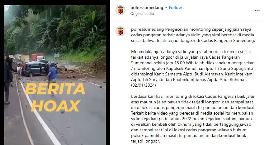 Unggahan Polres Sumedang di Instagram Terkait Video Viral Cadas Pangeran