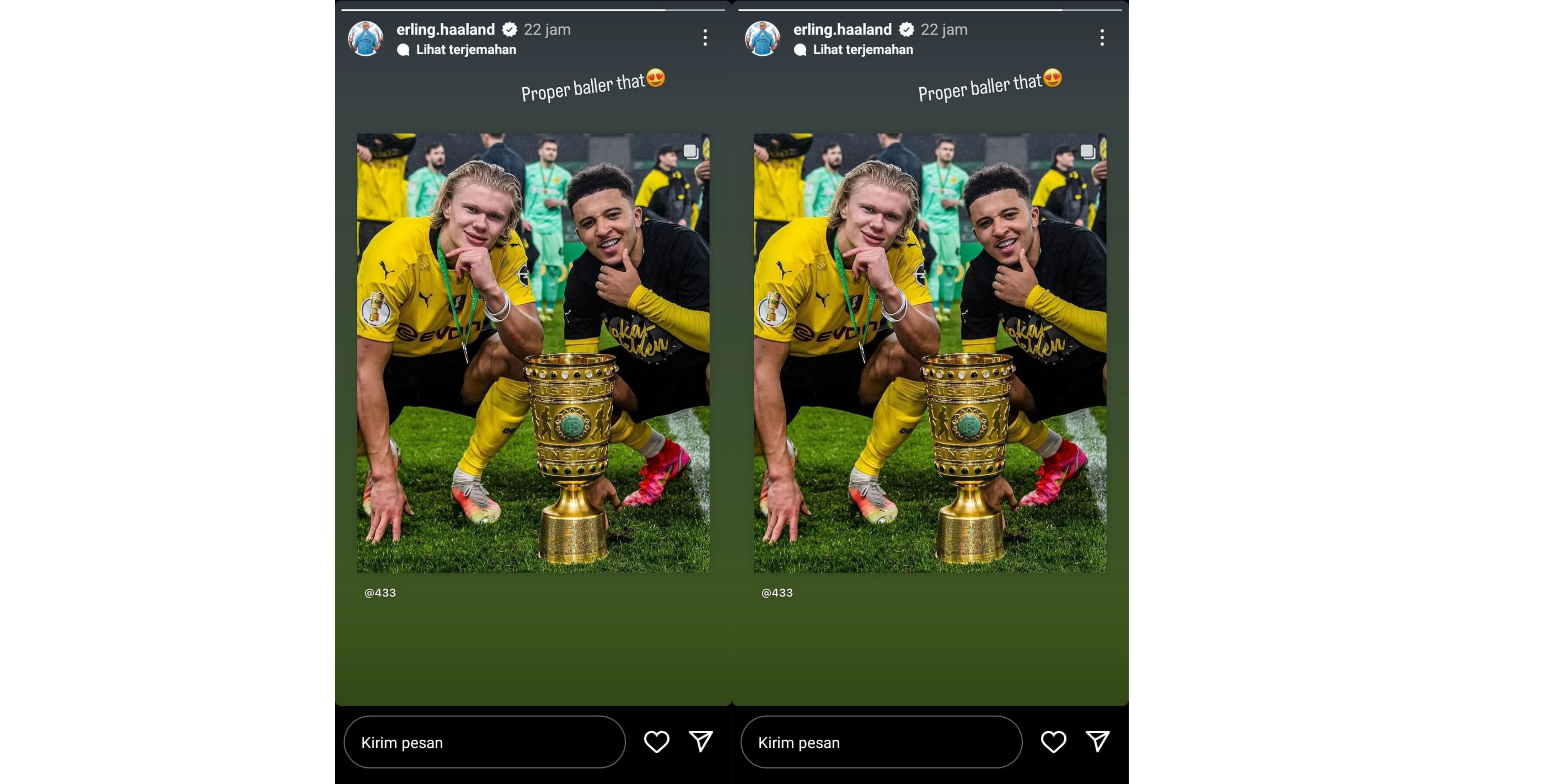 Status Instagram Story Erling Haaland bersama dengan Jadon Sancho ketika masih di Borussia Dortmund saat memenangkan Piala Jerman musim 2021-2022.