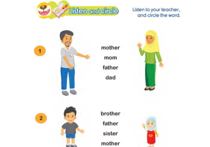 Listen and circle Kunci Jawaban Bahasa Inggris Kelas 1 SD Unit 11 Halaman 101: Aisyah’s family, Kurikulum Merdeka