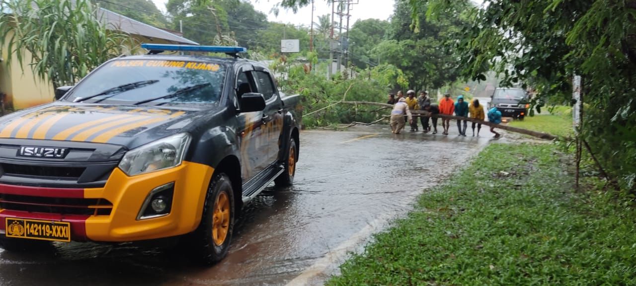 Anggota Polsek Gunung Kijang bersama warga memindahkan batang pohon tumbang di Jalan Pantai Trikora 3, Desa Teluk Bakau, Kabupaten Bintan, Kepri, Kamis (4/1/2024).