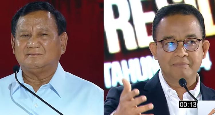 Prabowo Subianto dan Anies Baswedan saat debat ketiga Pilpres 2024. 