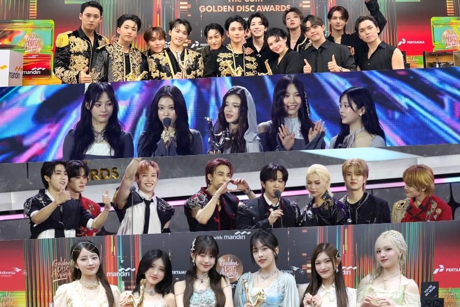 Beberapa idol K-Pop yang hadir pada acara Golden Disc Awards 2024 di Jakarta International Stadium, yaitu SEVENTEEN, New Jeans, Stray Kids, dan IVE.