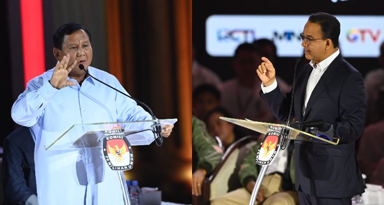 Kolase foto Prabowo Subianto dan Anies Baswedan saat debat ketiga Pilpres 2024, Minggu, 7 Januari 2024. 