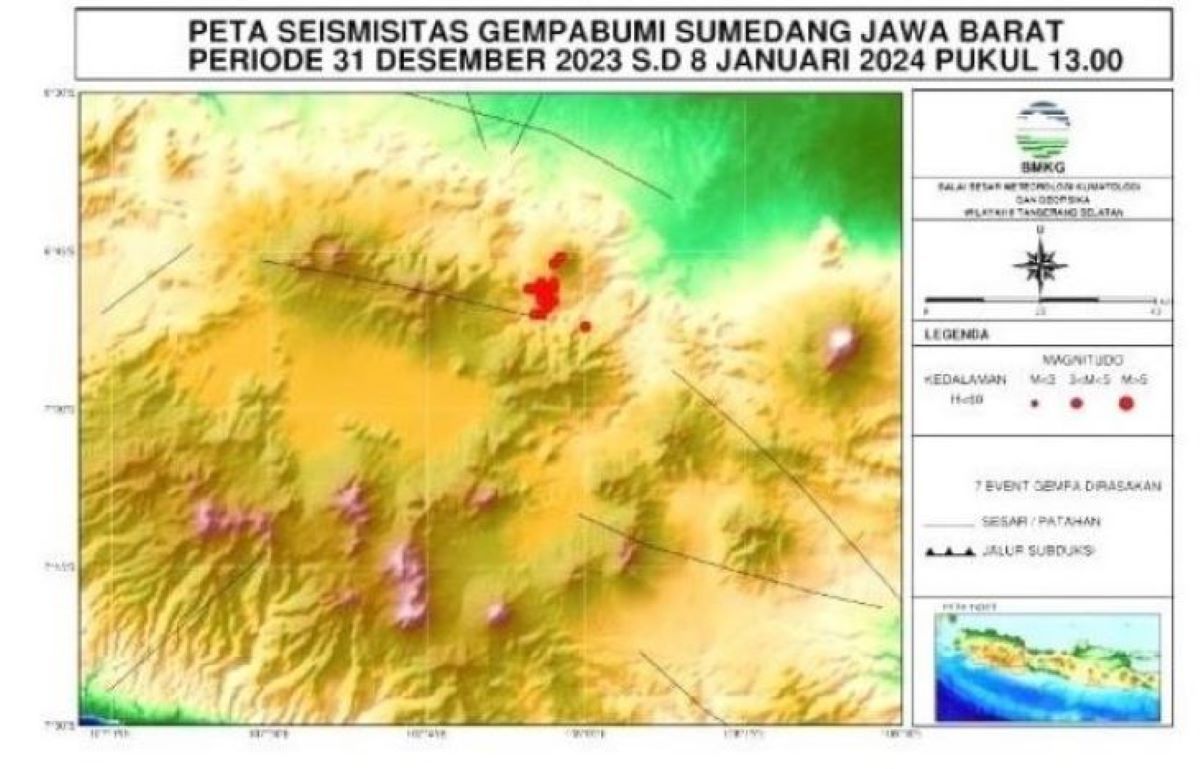 Infografis peta seismisitas gempa bumi yang melanda wilayah Kabupaten Sumedang Jawa Barat.