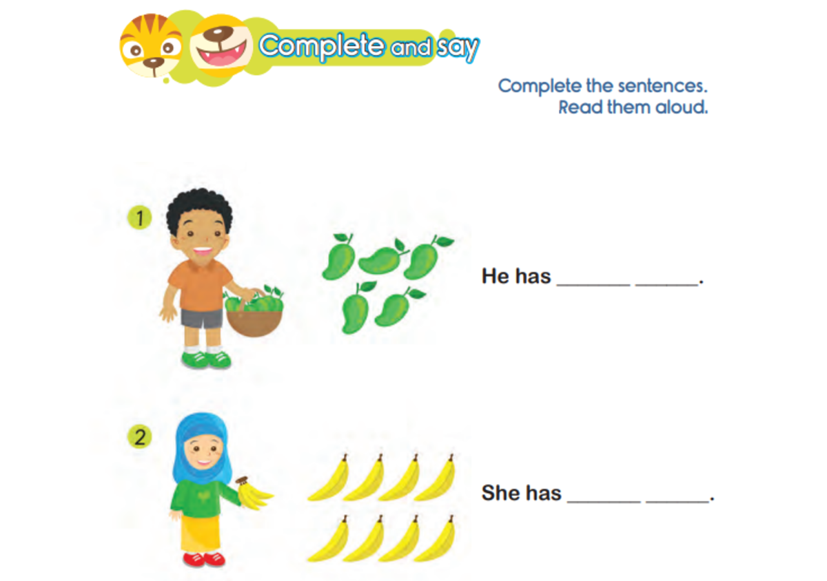 Complete and Say Kunci Jawaban Bahasa Inggris Kelas 1 SD Unit 12 Halaman 108-109: She Has Some Fruits, Kurikulum Merdeka